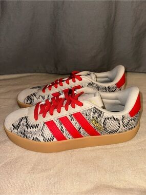 Adidas Snake-Print Sneakers with Red Stripes and Gum Sole